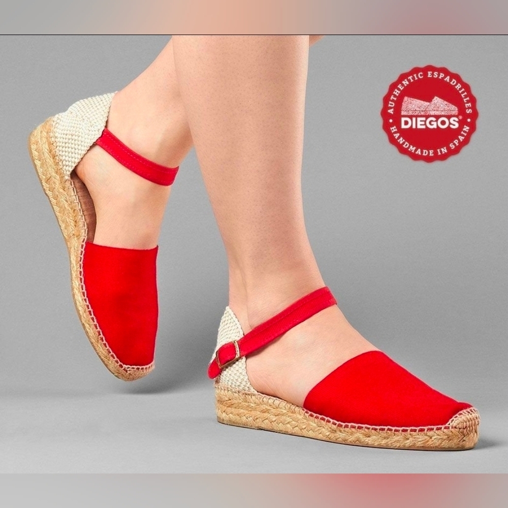 Diegos Classic Spanish Handmade Red Anklestrap Espadrilles for Women Size 37 NWT